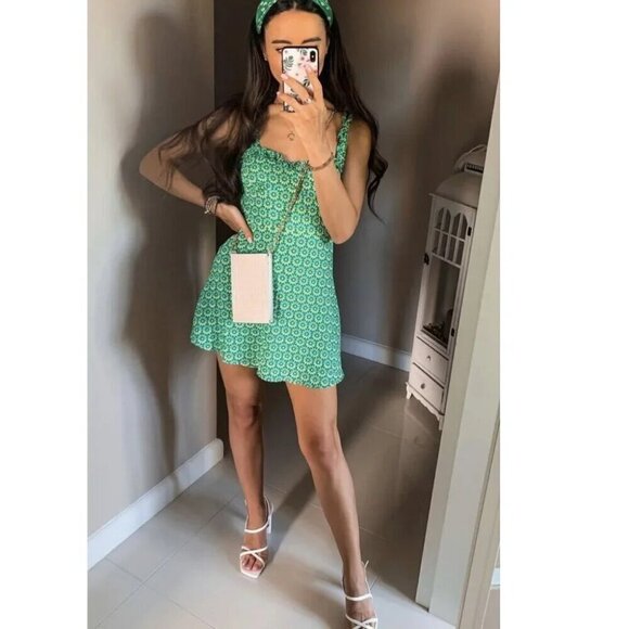 Zara Floral Ruffle Strap Mini Dress Green Blogger Fav Size Medium - Picture 3 of 8